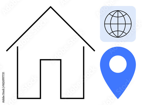 Black outlined house, globe icon, and blue map pin symbolizing home, global access, and navigation. Ideal for real estate, GPS, travel, globalization connectivity home services simple flat