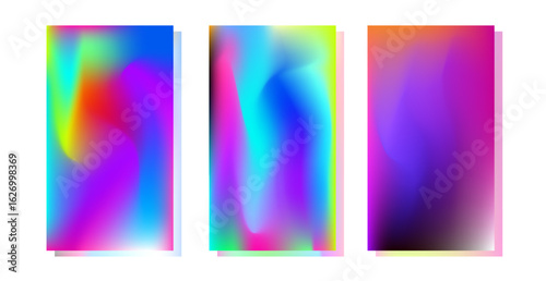 Vector illustration features vibrant, abstract gradients in a modern, fluid style. The theme is futuristic with smooth, blurred shapes and bold colors like blue, pink, orange, green, and yellow.
