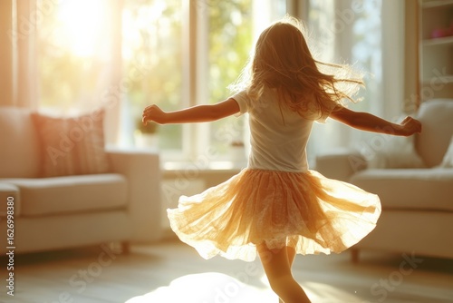 Happy little girl dancing in the living room at sunset