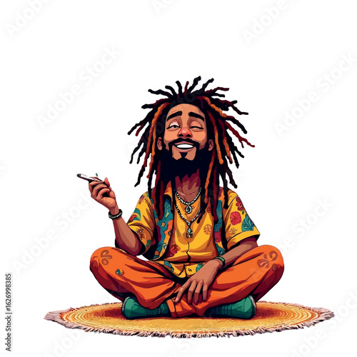 Vsai rastafarian man smiling and holding a joint while sitting cross legged