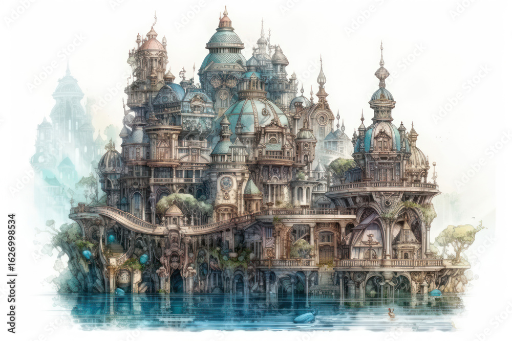 Obraz premium A fantastic architectural illustration depicting a majestic fairy-tale city on the water. 