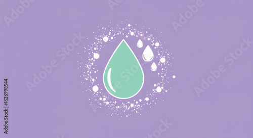 A minimalist water drop icon with sparkling particles. A vector graphic element representing purity, freshness, and hydration.