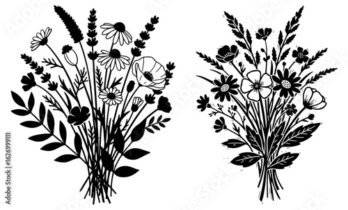Vector art of two bouquets of wildflowers isolated on white background