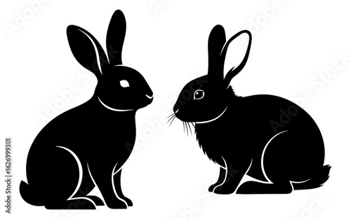 Vector art of two black rabbits facing each other, isolated on white background
