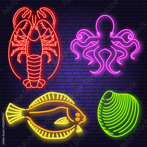 Set of best seafood neon sign lobster, flounder fish, octopus, mussels. Vector illustration. For seafood emblem, sign, patch, shirt, menu restaurants, fish markets, stores. Neon sign bright signboard