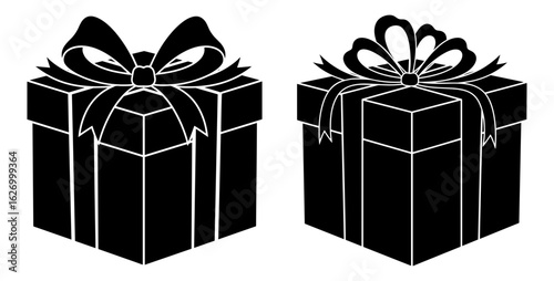 Vector art of two black gift boxes with ribbon bows isolated on white background