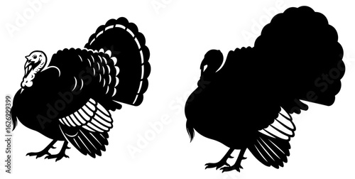 Vector art of two black silhouettes of turkeys displaying their fanned tails, isolated on a white background