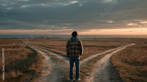 A person, back to camera, faces a fork in a dirt road. Two paths lead across a grassy plain toward a distant horizon and ocean under a cloudy sunset