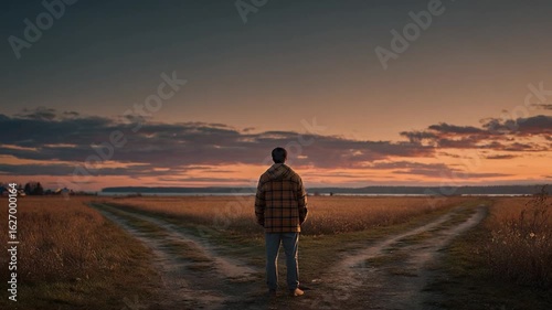 A lone figure stands at a fork in a dirt road, facing a vibrant sunset over a vast field