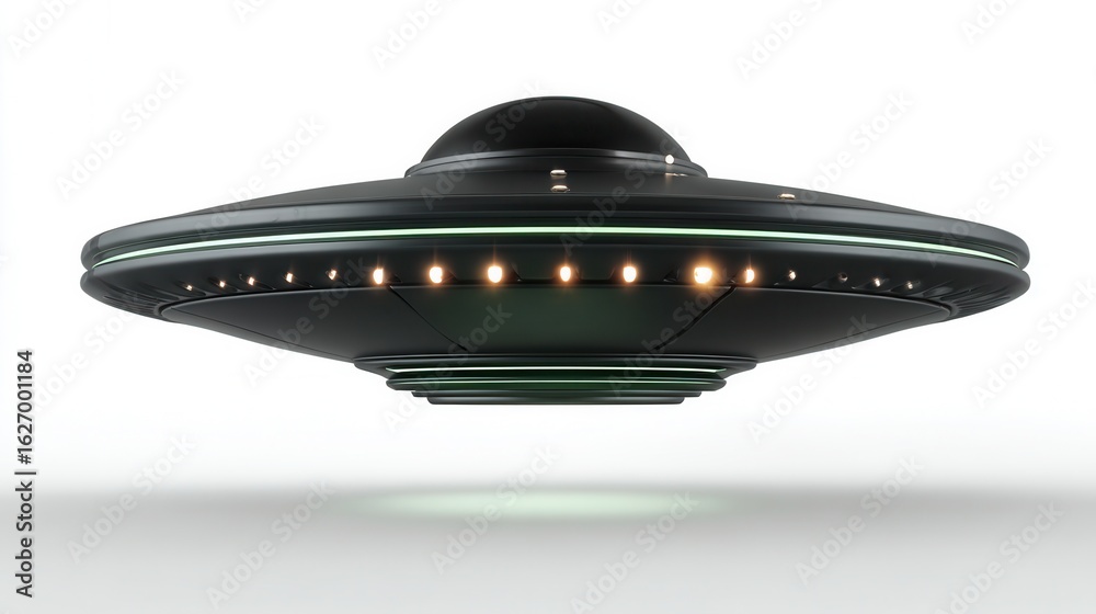 Fototapeta premium Minimalistic 3D Rendering of a Flying Saucer UFO With Lights on a White Background