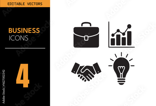 Business icon set. Includes briefcase, growth graph, handshake, and lightbulb symbolizing ideas and professionalism. Vector illustration in black and white