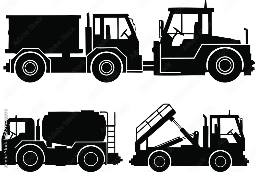 Naklejka premium Silhouette Illustration of Various Construction and Utility Vehicles Collection of Heavy Equipment Icons Heavy Machinery Graphics