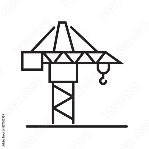 Single icon of construction crane used in heavy lifting projects in outline style. Editable stroke vector illustration.
