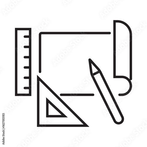 Single icon of architectural drafting with ruler and drawing tools in outline style, editable stroke vector illustration