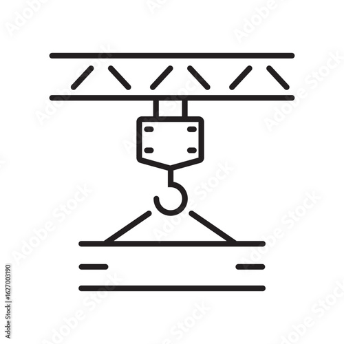 Single icon of overhead crane lifting beam in outline style, editable stroke vector illustration.