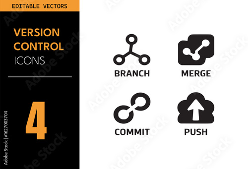 Version control icon set. Containing branch, merge, commit, push, cloud upload, network, development, coding and more. Vector illustration