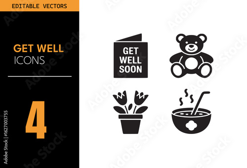 Get well icon set. Containing greeting card, teddy bear, flowers, soup, care, recovery, comfort, gift and more. Vector illustration