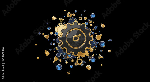 Golden and black gear graphic design, with scattered geometric shapes, against a black background.