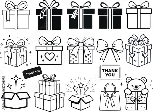 Festive black and white gift box icon set with ribbons, bows, hearts, stars, thank-you signs, and cute bear illustrations for celebration-themed designs.