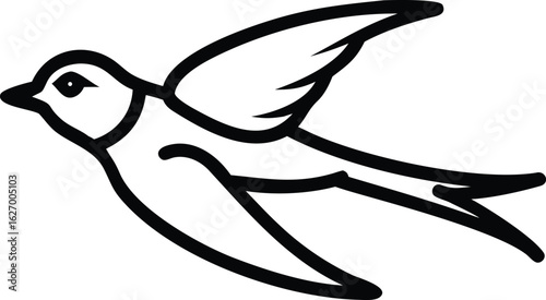 Minimalist black outlined swallow in flight exhibits grace and simplicity on white