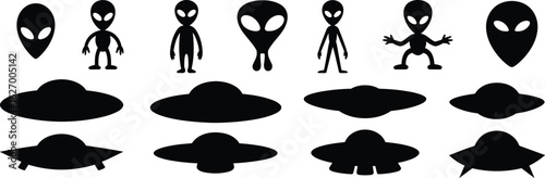 Alien and UFO silhouette set, black vector icons of extraterrestrial beings and spacecraft, sci-fi design for space, fantasy, and mystery