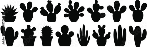 Cactus silhouette vector set, black desert plant icons, potted and wild cactus shapes, botanical design for nature, decor, and education