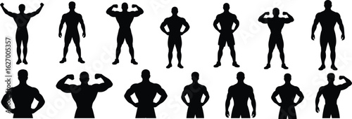 Bodybuilder silhouette set, muscular male poses, black vector icons for fitness, anatomy, gym design, sports illustration, workout concept