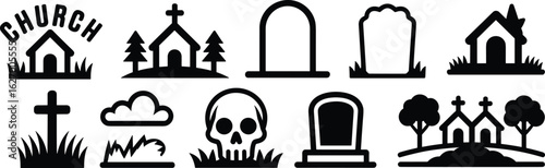 Church and graveyard silhouette icon set, black vector symbols of crosses, tombstones, chapels, religious and cemetery design elements