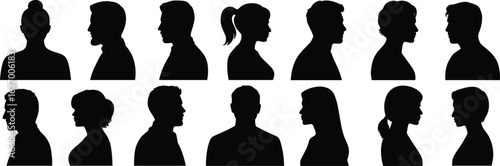 Human head silhouette set, black vector profiles and front views of diverse people, icons for identity, avatar, design, and diversity