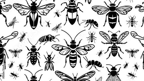 Seamless pattern of various black insects including wasps ants beetles and other small bugs scattered around