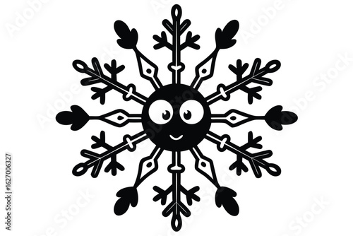 Whimsical black snowflake smiling with big eyes appears joyful and ready for winter season