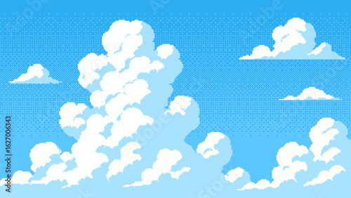 Pixel art blue sky with white clouds as a retro 8-bit game background. Digital world illustration for gaming backdrop concept.