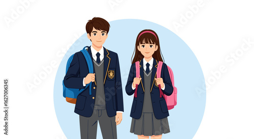 Illustration of a boy and girl in school uniforms with backpacks standing side by side smiling nicely