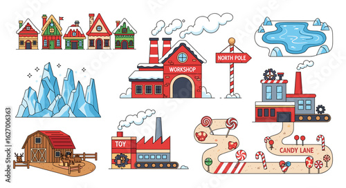 Illustration of santa's village with workshop, candy lane, toy factory, and ice formations scene