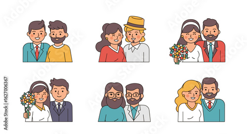Illustration showing different couples including same sex and heterosexual couples in various styles