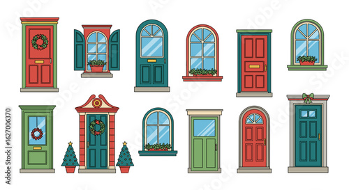 Collection of decorative doors and windows with christmas wreaths and potted plants illustration