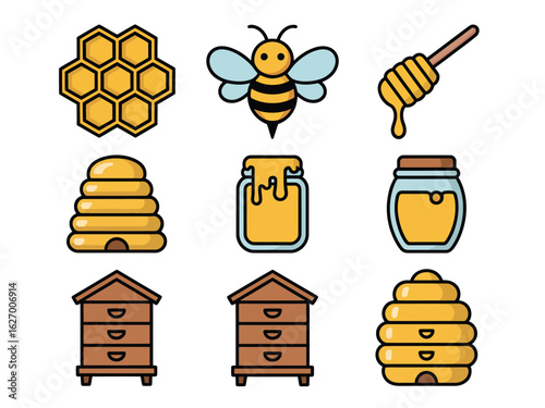 Honey and Bee Related Icons Set Representing Honeycomb Bee Honey Dipper Honey Jar and Beehive in Cartoon Style