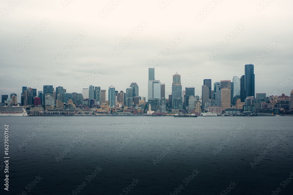 Fototapeta premium Seattle skyline panoramic view under cloudy sky.