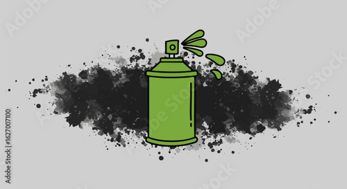Green aerosol spray paint can vector illustration with black ink splatter. Modern icon for graffiti, street art, and creative design.