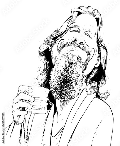 Illustration of a man with long hair and a beard holding a drink in black and white style image