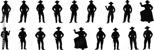 Set of cowboy silhouette poses, western icons in hat and boots, black vector illustration, rodeo stance collection, wild west theme