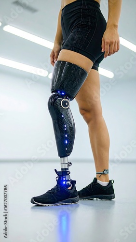 Close-Up of AI-Powered Robotic Prosthetic Leg with Carbon Fiber Joints and Smart Sensors Worn by Active Young Adult – Futuristic Bionic Limb Technology for Mobility and Healthcare Innovation