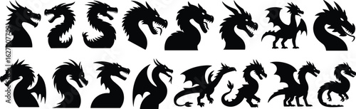 Set of dragon silhouettes, mythical creature icons, varied head and wing styles, fantasy beast vector illustration for design, black shapes