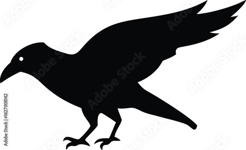 Solemn black raven perched with partially spread wings, embodying an enigmatic nocturnal charm
