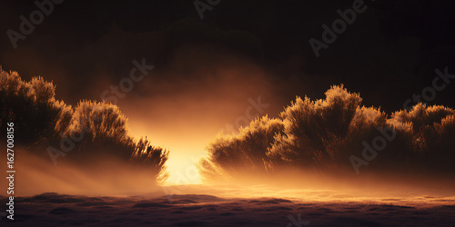 distant glow from hidden sun lighting fog-covered bushes