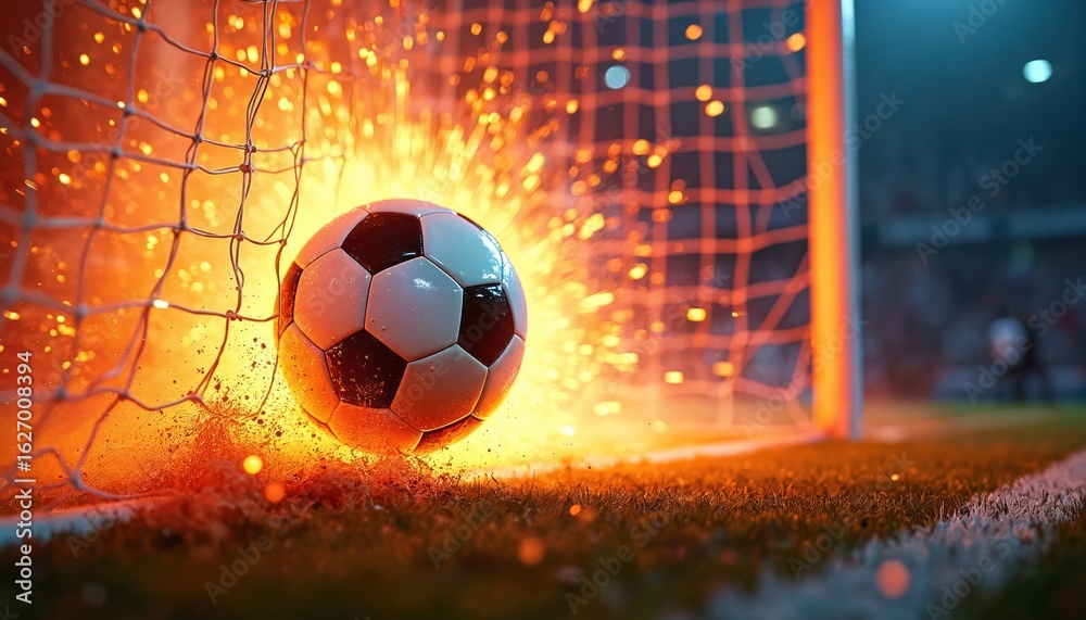 Fototapeta premium Soccer ball hits net with explosive light and color. Dynamic action captured in stadium setting. Intense moment of victory or championship game win. Vivid imagery of sports achievement.