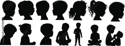 Set of twelve child silhouettes, head profiles and full-body poses, diverse hairstyles and postures, black vector illustration for design