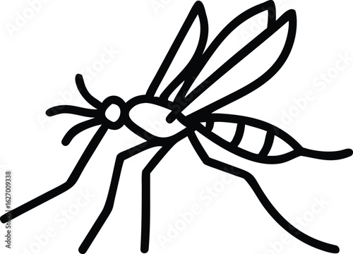 Single black outline showcases a mosquito with wings and long legs on white
