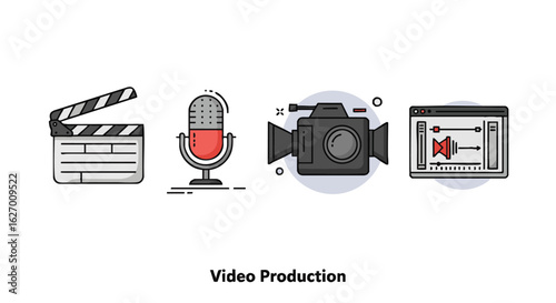 Video production icon set with clapperboard, microphone, camera, and editing software interface. Modern flat line style illustration for multimedia concepts.