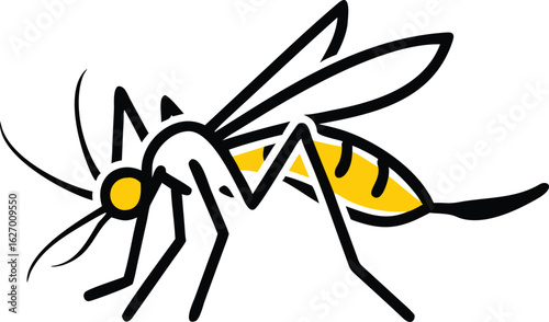 Stylized mosquito features black outlines with contrasting yellow in its body on a white background